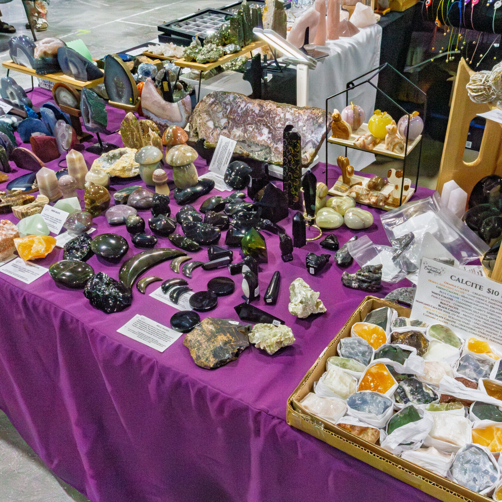 Black tourmaline, crystal points, and tumbled stones on display at the Ottawa Rock & Gem Expo