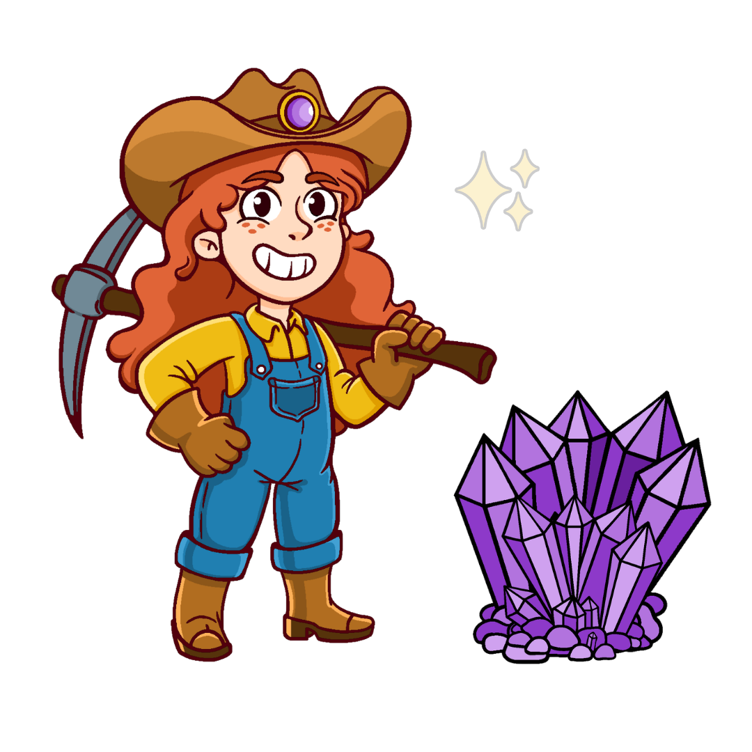 Prospector Pebble, the Rock and Gem Expo mascot, holding a pickaxe beside an amethyst crystal cluster